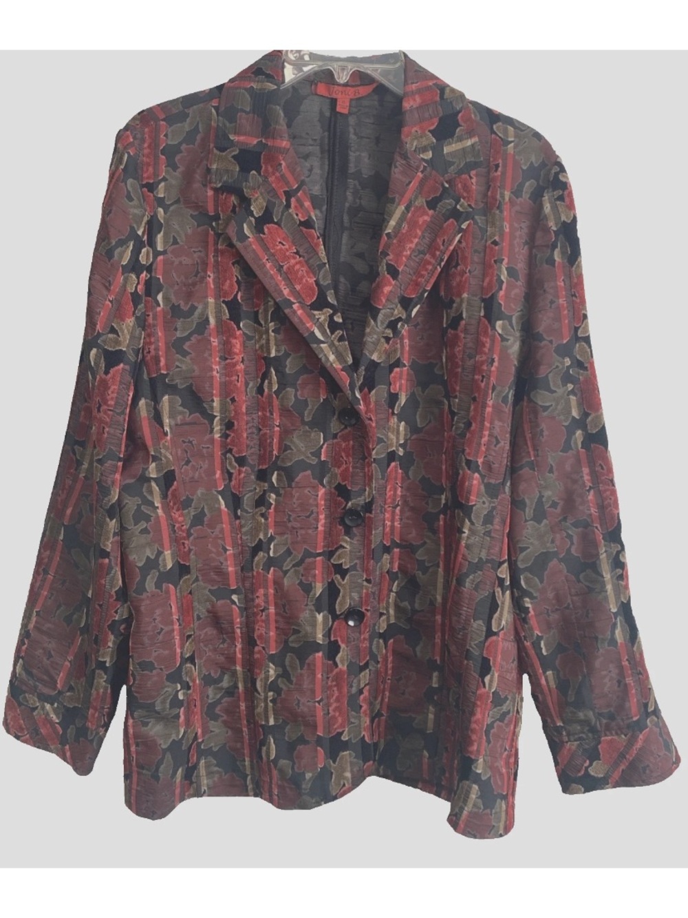 VTG Joni B Black Red Embossed Floral XL Burnt Velvet Blazer Textured Boho Office